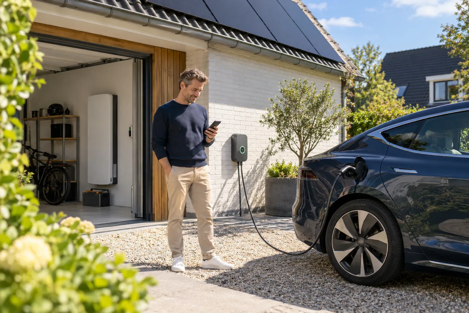 Oprit van een Nederlands huis: zonnepanelen op het dak, een elektrische auto aan de lader en een thuisbatterij in de garage