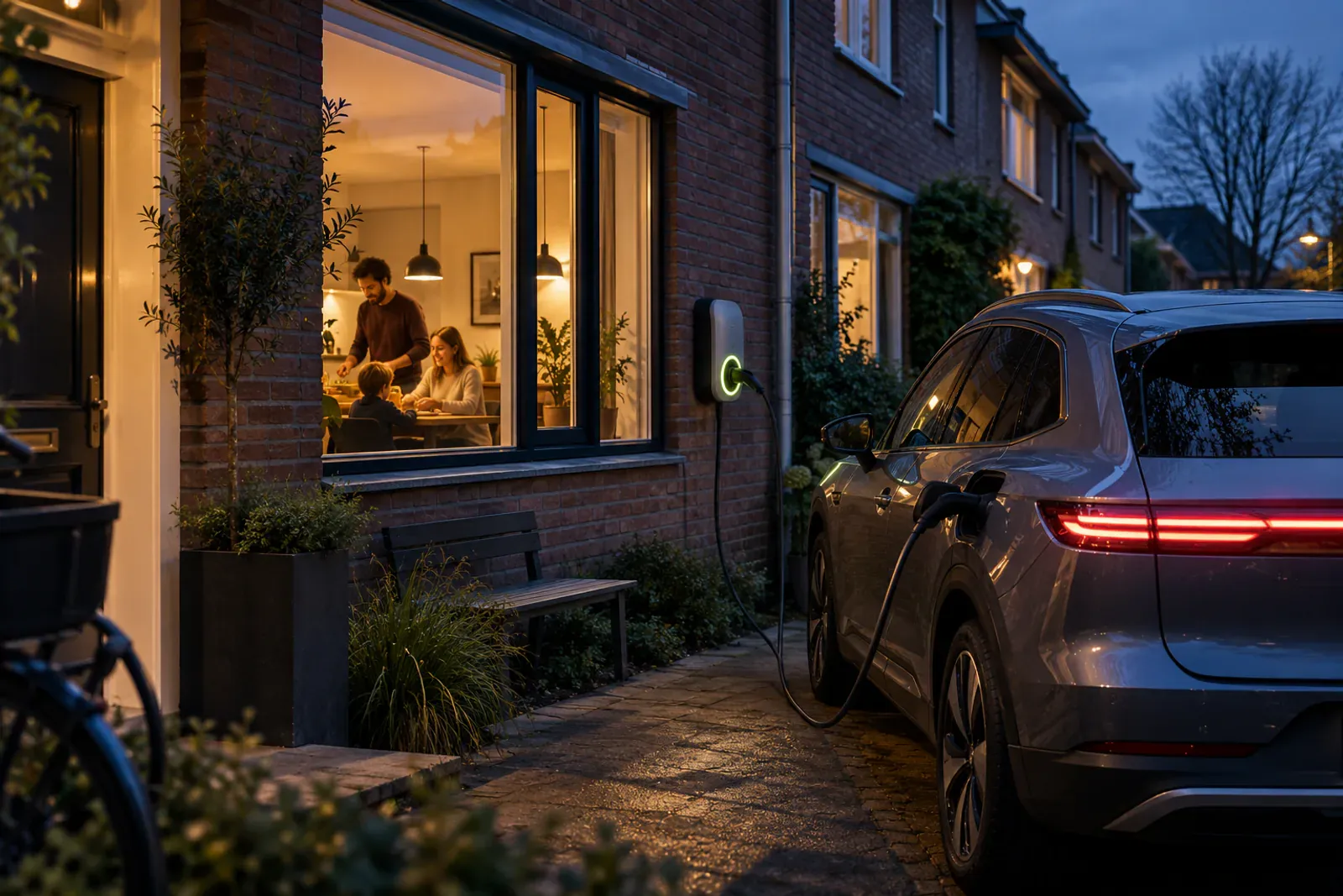 Elektrische auto aangesloten op een laadpaal bij een huis in de avond