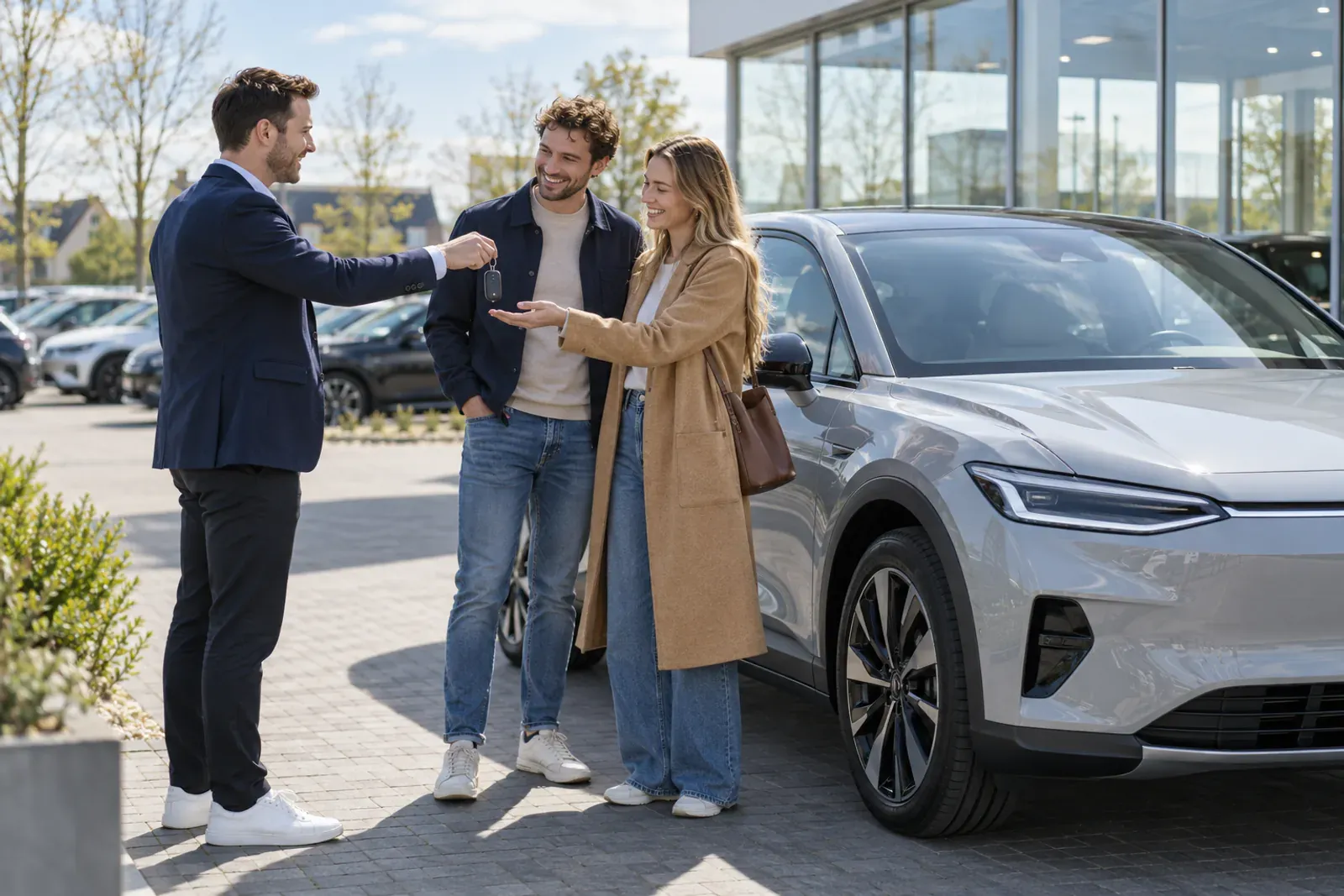 Stel bekijkt een elektrische auto bij de dealer