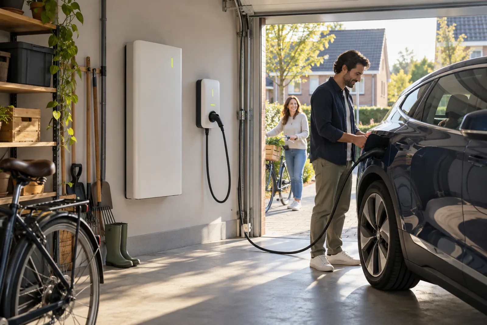 Thuisbatterij en laadpaal naast elkaar aan een garagemuur, met een elektrische auto