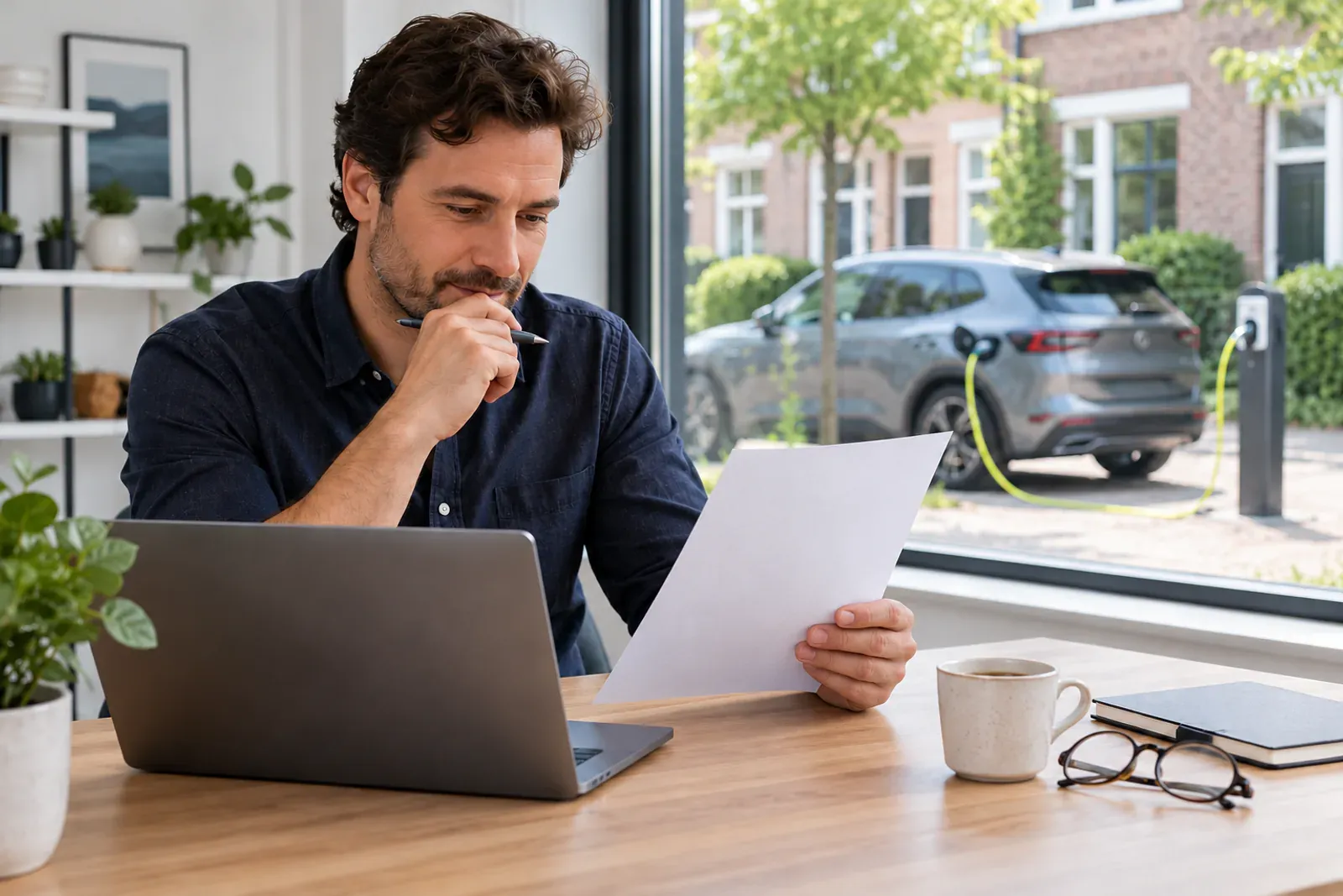 Een bureau met een laptop en een geprint rapport met grafieken, een kop koffie en een bril. Door het raam laadt een elektrische auto.