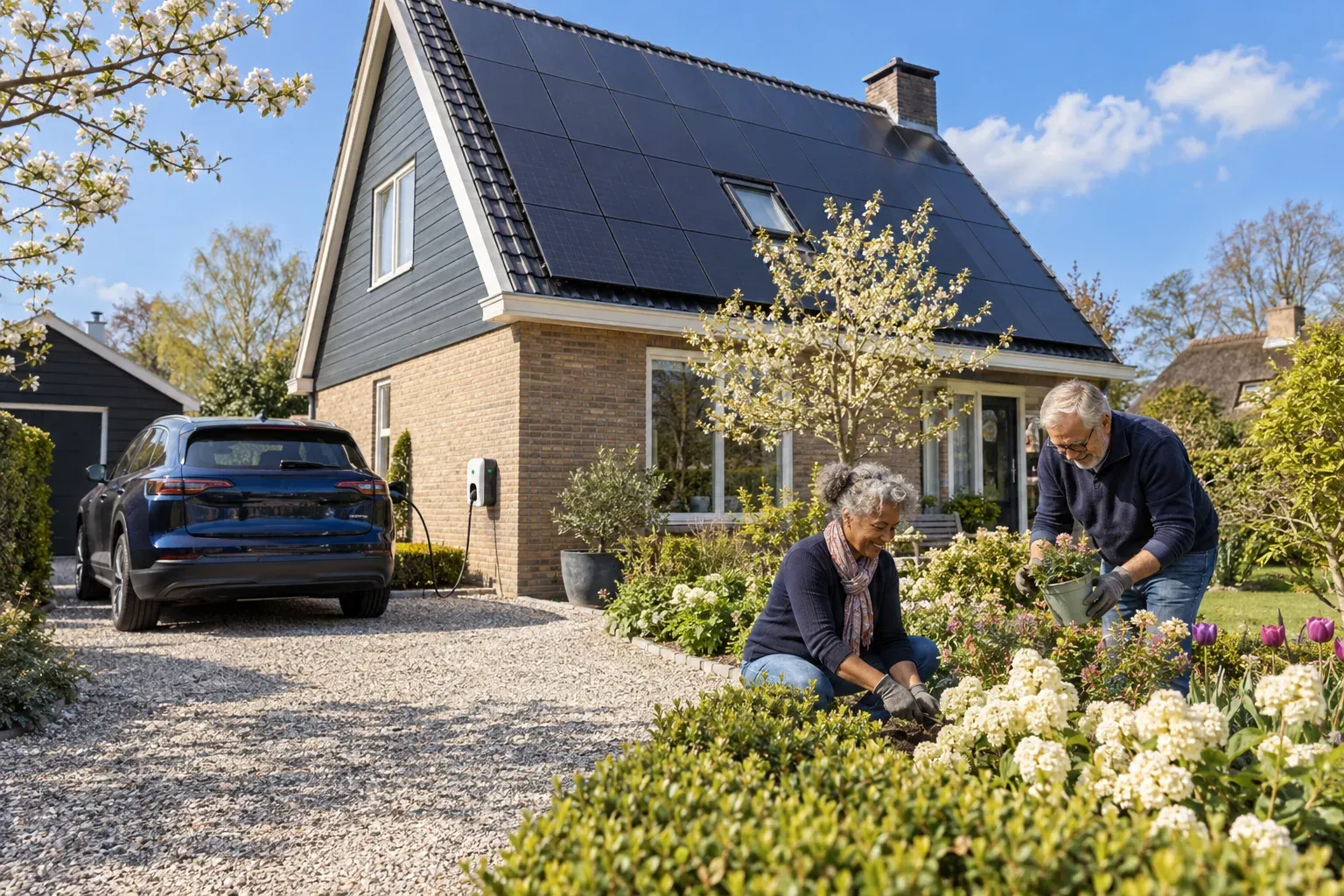 Nederlands huis met zonnepanelen en een elektrische auto aan de lader